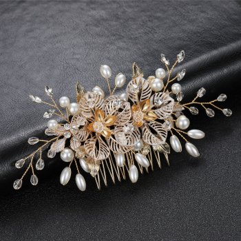 Gold-plated Openwork Floral Hair Comb with Pearls and Crystals